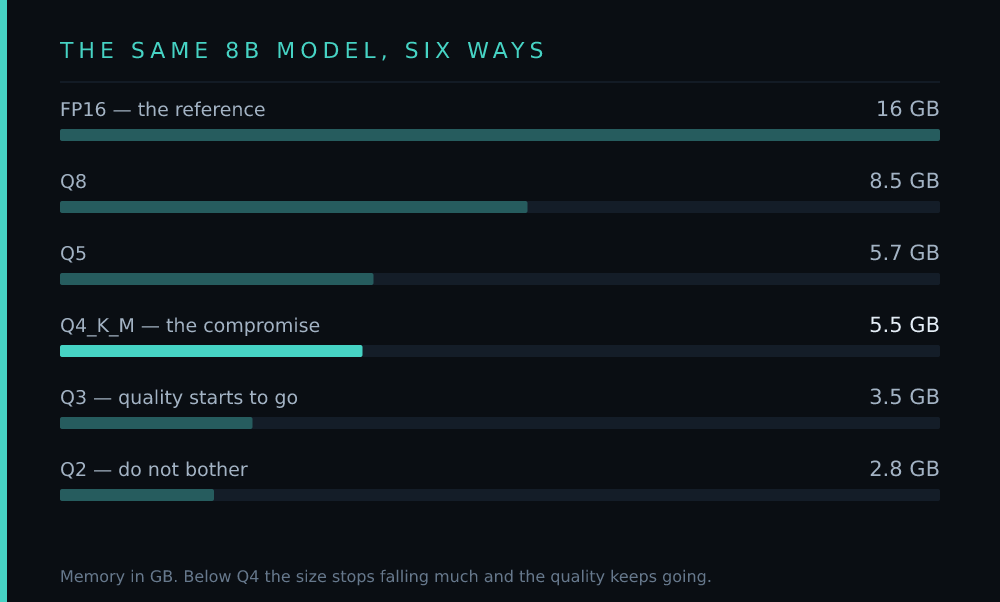 THE SAME 8B MODEL, SIX WAYS: FP16 — the reference 16 GB, Q8 8.5 GB, Q5 5.7 GB, Q4_K_M — the compromise 5.5 GB, Q3 — quality starts to go 3.5 GB, Q2 — do not bother 2.8 GB